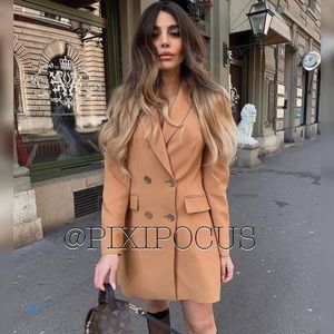 ZARA NWT CAMEL DOUBLE BRESTED JACKET/COAT W/T BELT LAPEL COLLAR SZ XS